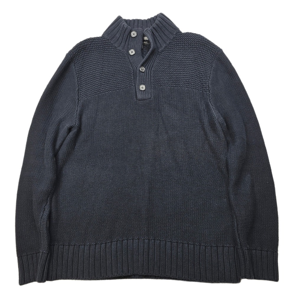 Banana Republic Mock Neck Sweater Mens Large‎ Navy Blue Knit Button Chunky